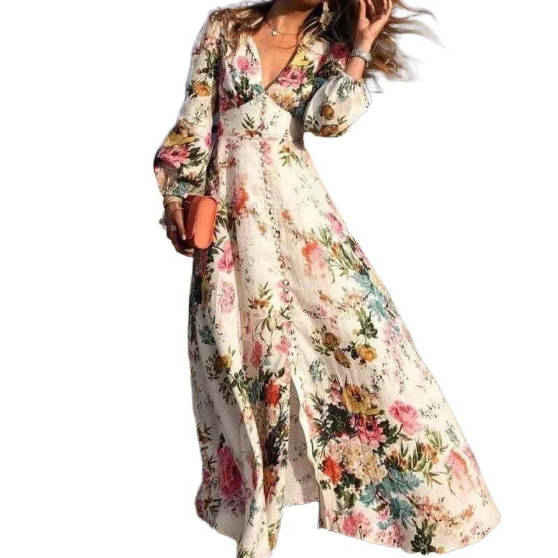 Floral v neck long sleeve garden party maxi dress