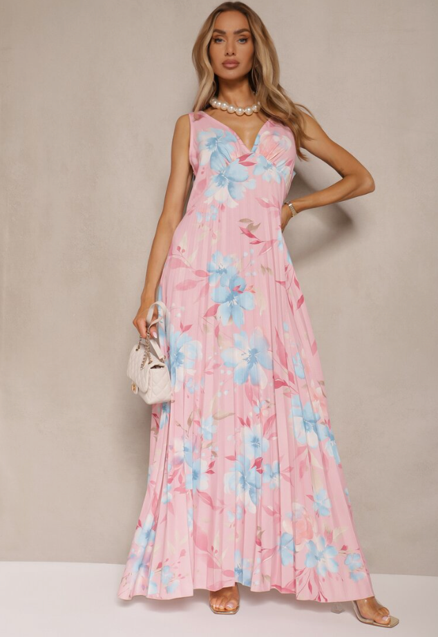 Women's Floral V Neck Sleeveless Pleated Maxi Dress in Pink