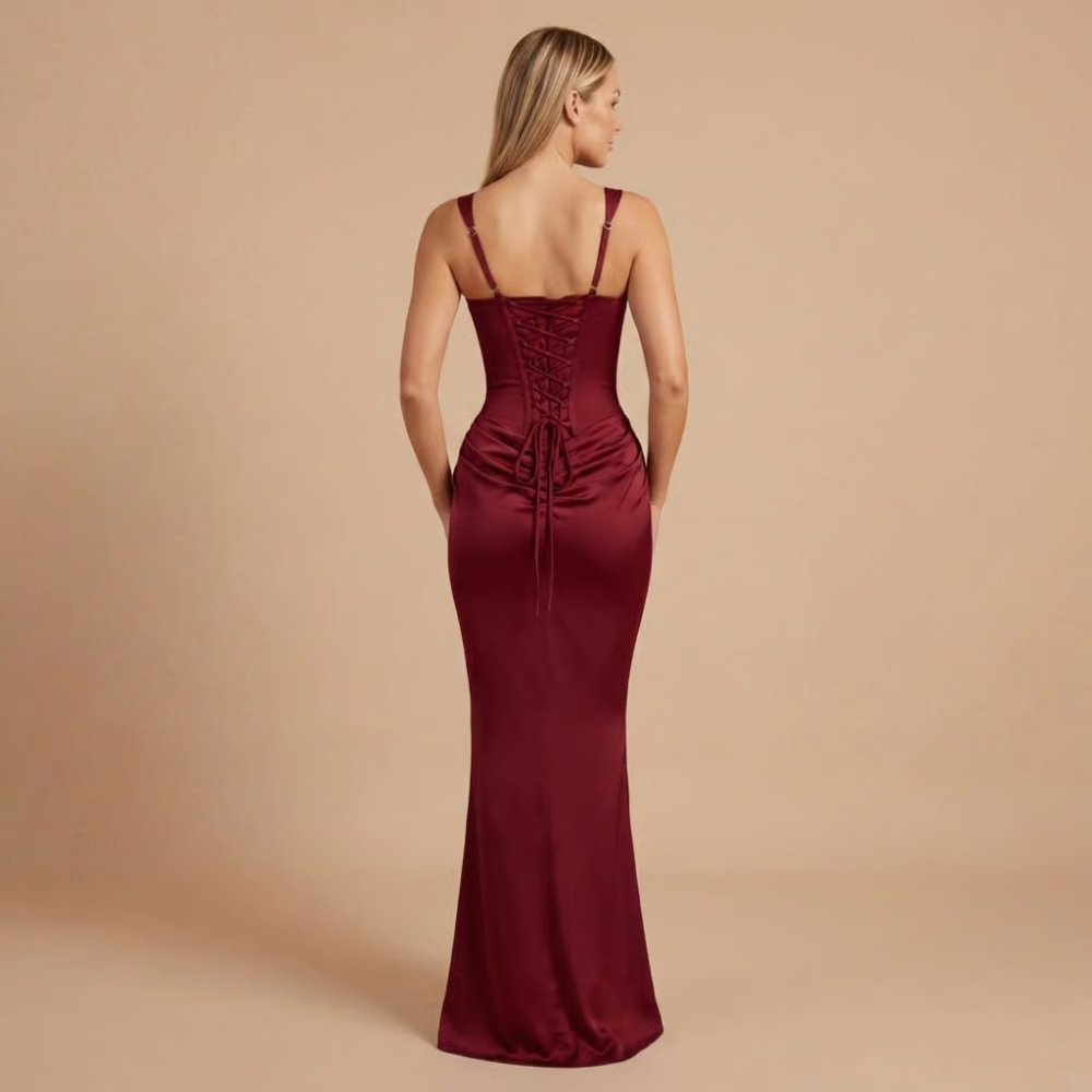 Burgundy square neck ruched mini dress back view with lace-up corset closure