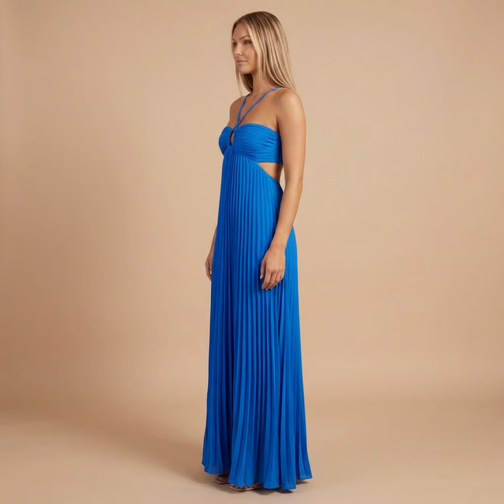 Blue halter neck pleated maxi dress side view with cut-out waist