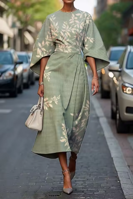 Sage green floral kimono midi dress with cream botanical leaf pattern and belted waist