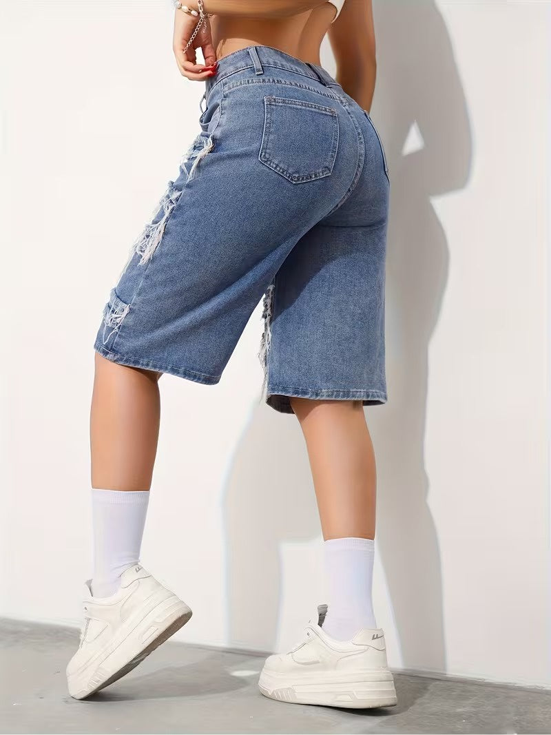 Women’s Knee-Length Shorts with Frayed Panels