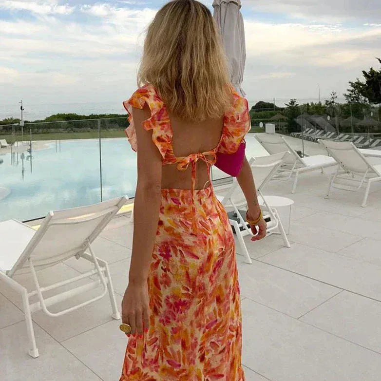 Women's Holiday Floral Ruffle Open Back Maxi Dress in Orange