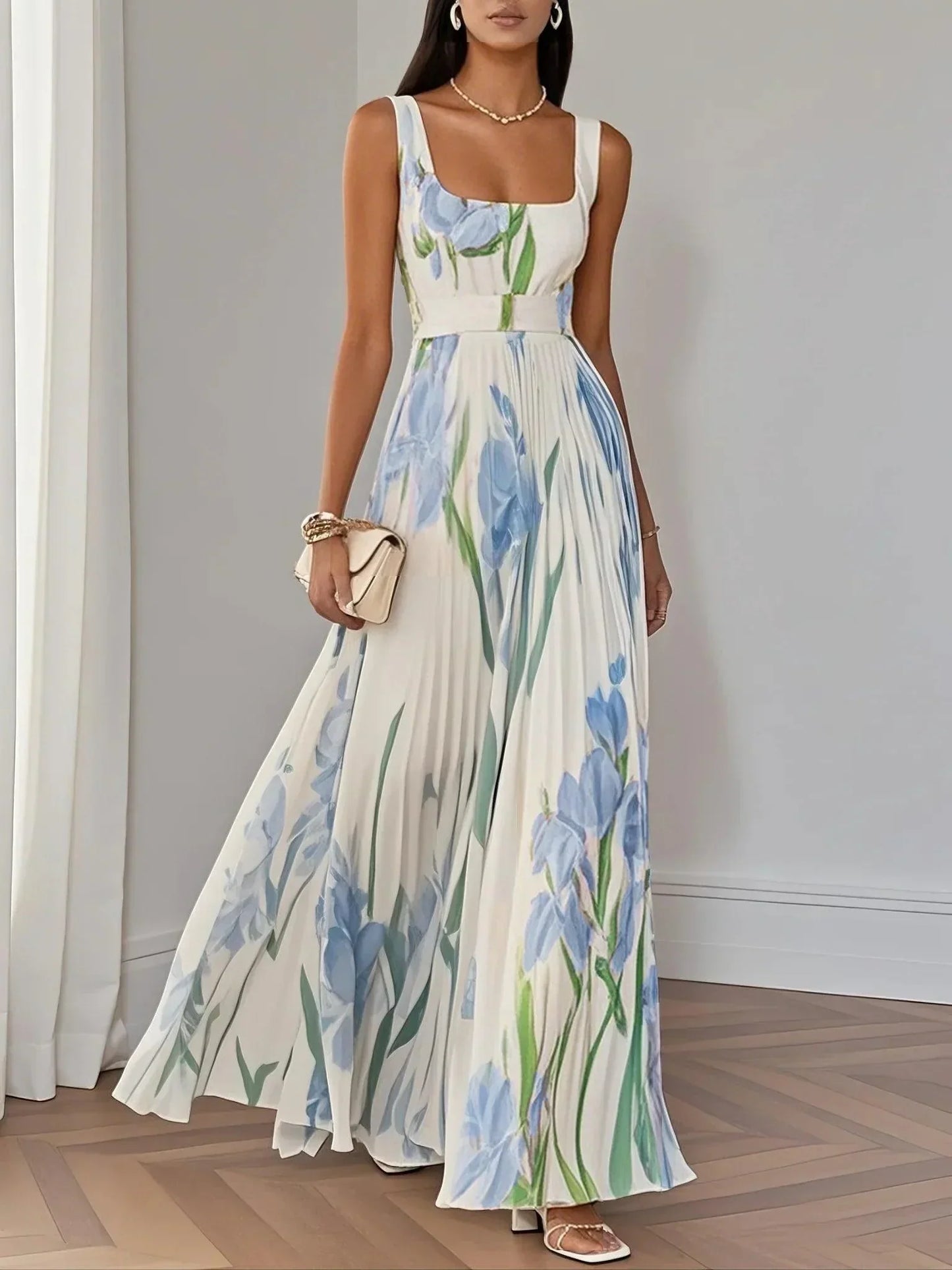 Women's Garden Party Floral Sleeveless Maxi Dress in White
