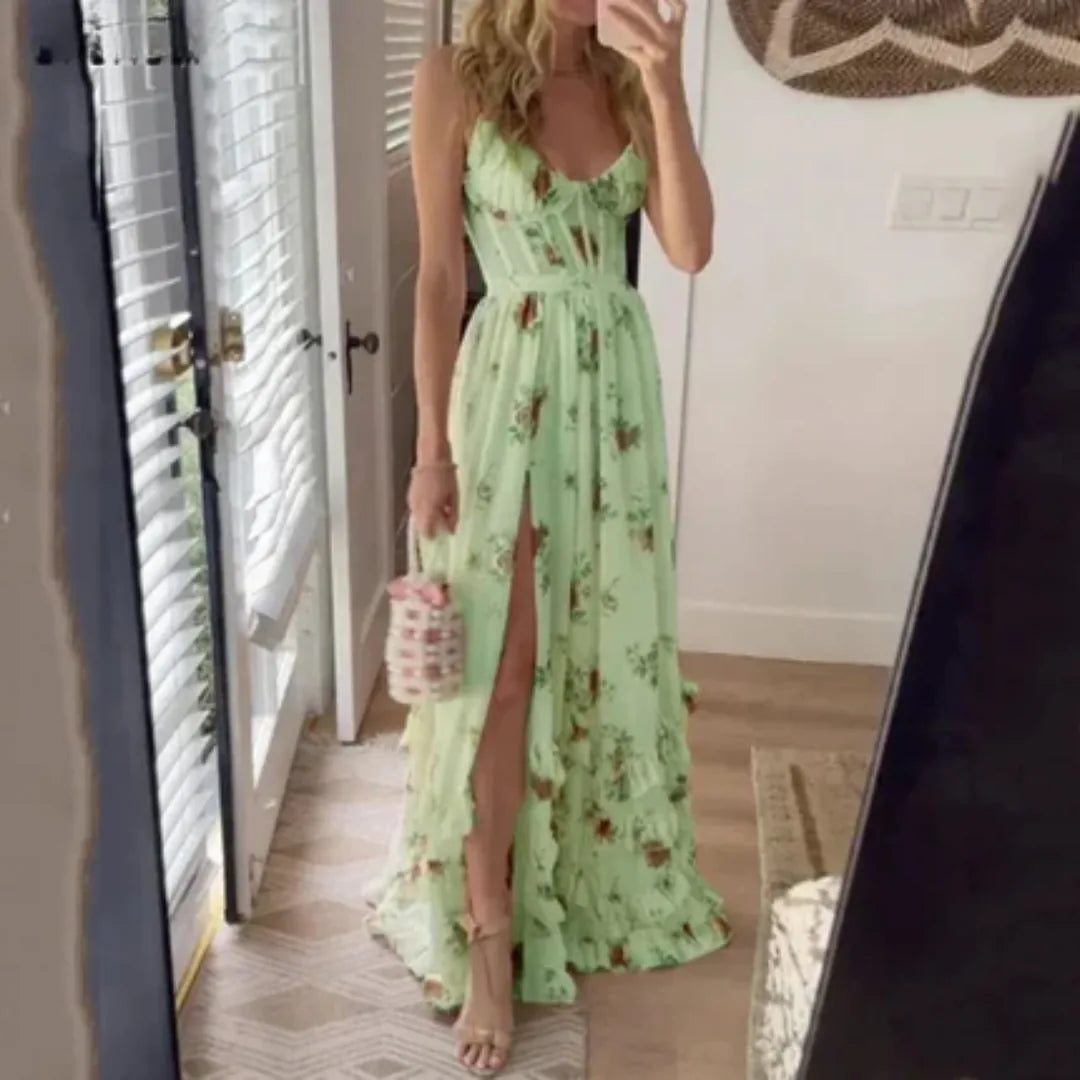 Women's Garden Party Floral Spaghetti Strap Maxi Dress in Pink