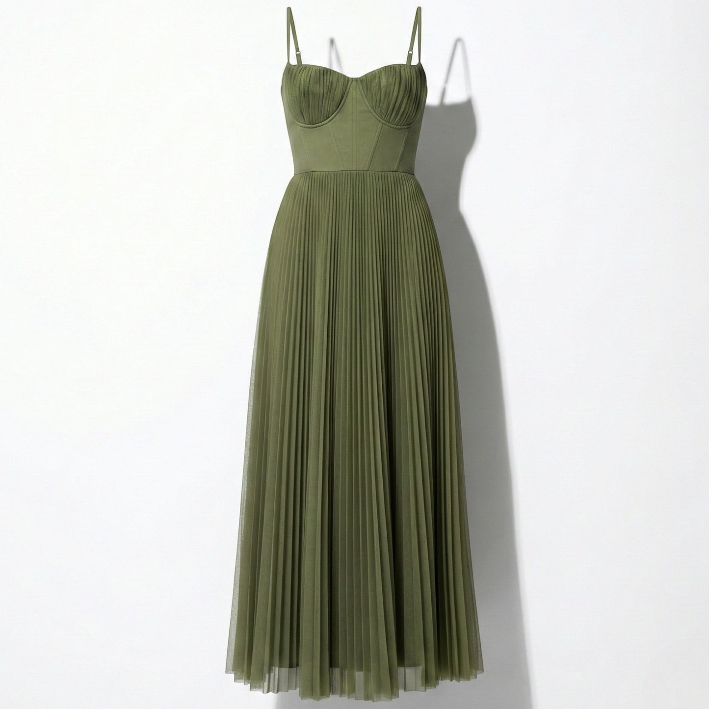 Women's Summer Corset Spaghetti Strap Pleated Midi Dress in Green