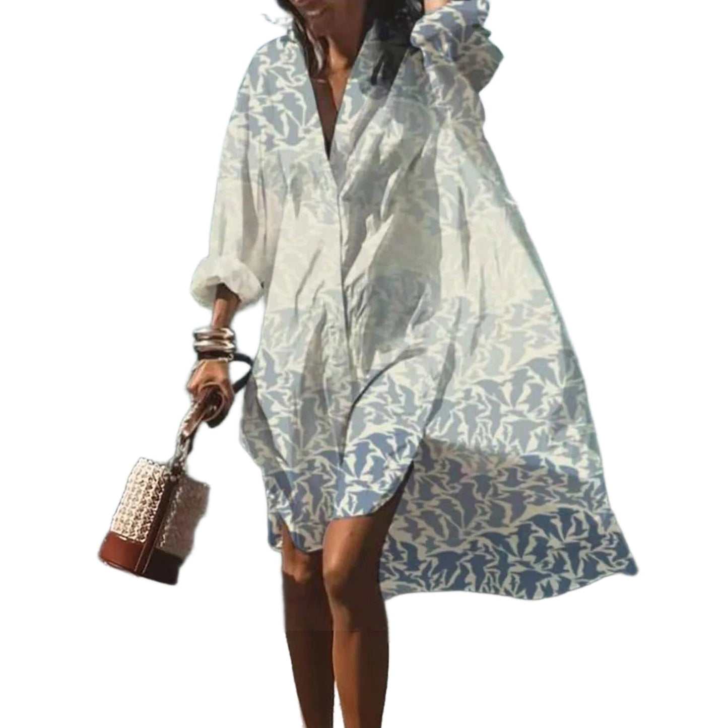 Beach printed long sleeve mini shirt dress