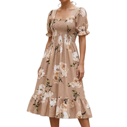 Brunch floral square neck smocked midi dress