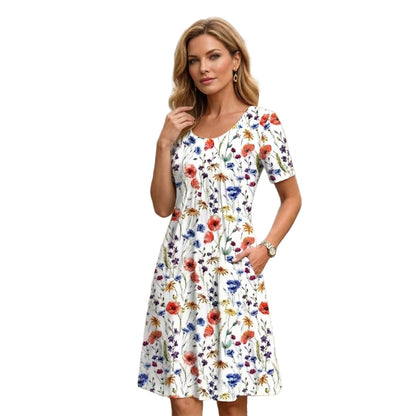 Floral scoop neck midi dress with pockets