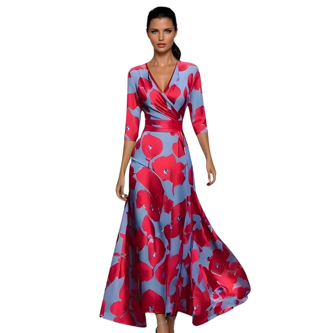 Floral v neck three quarter sleeve wedding guest maxi dress