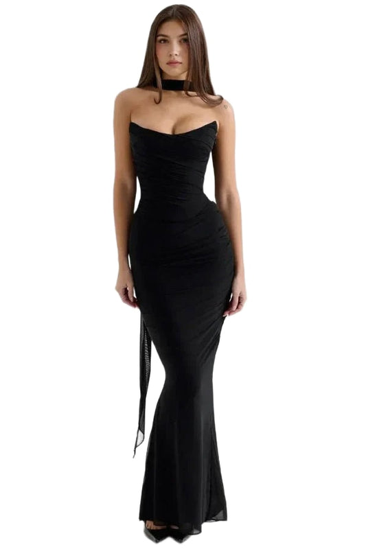 Formal strapless mesh maxi dress