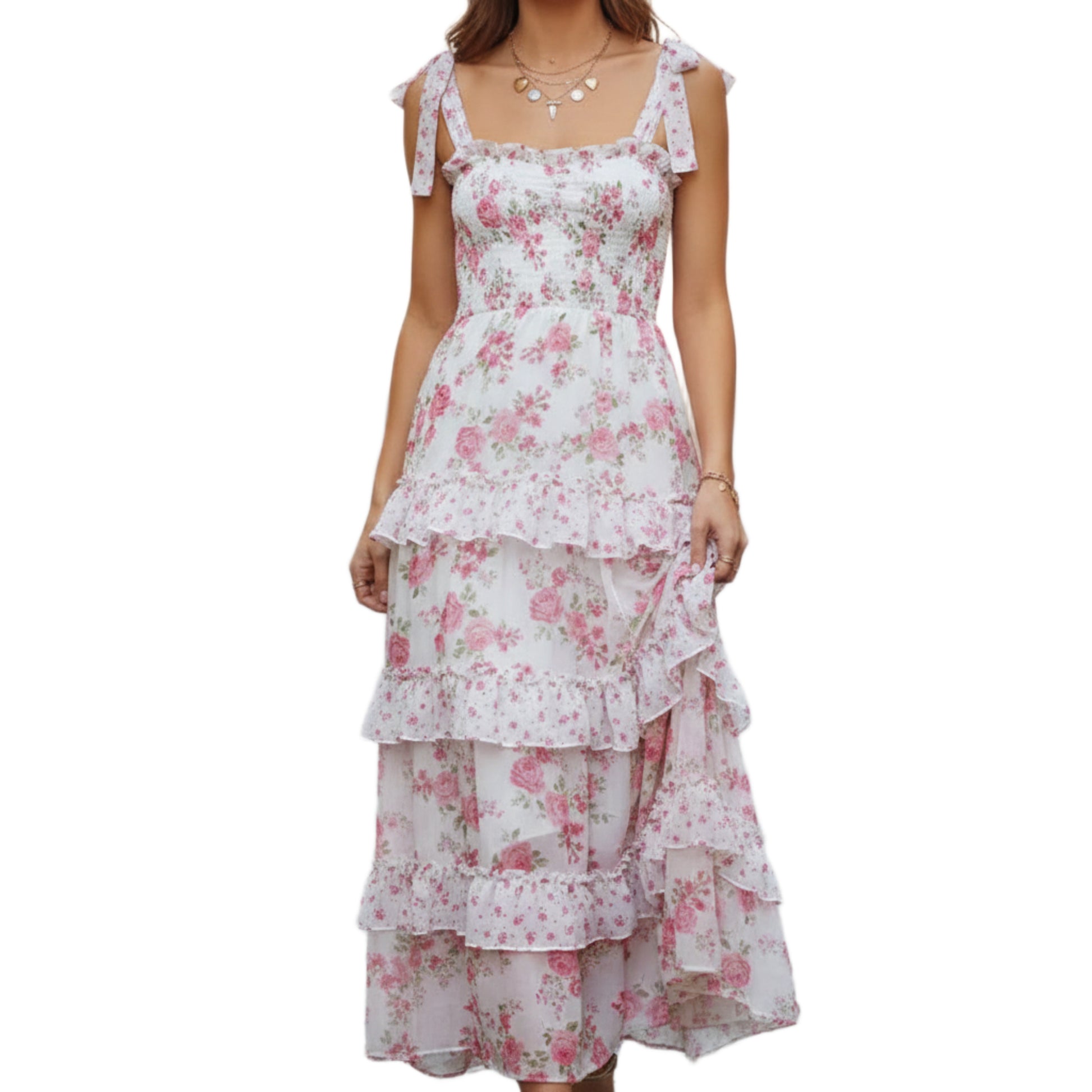 Garden party floral square neck tiered maxi dress