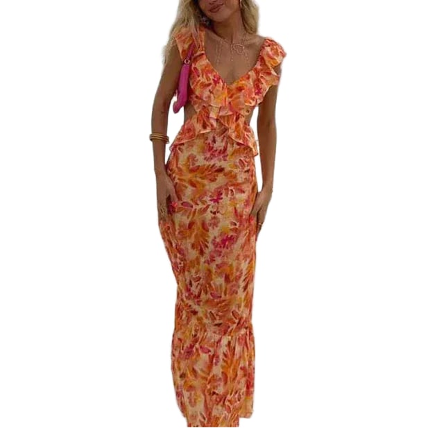 Holiday floral ruffle open back maxi dress