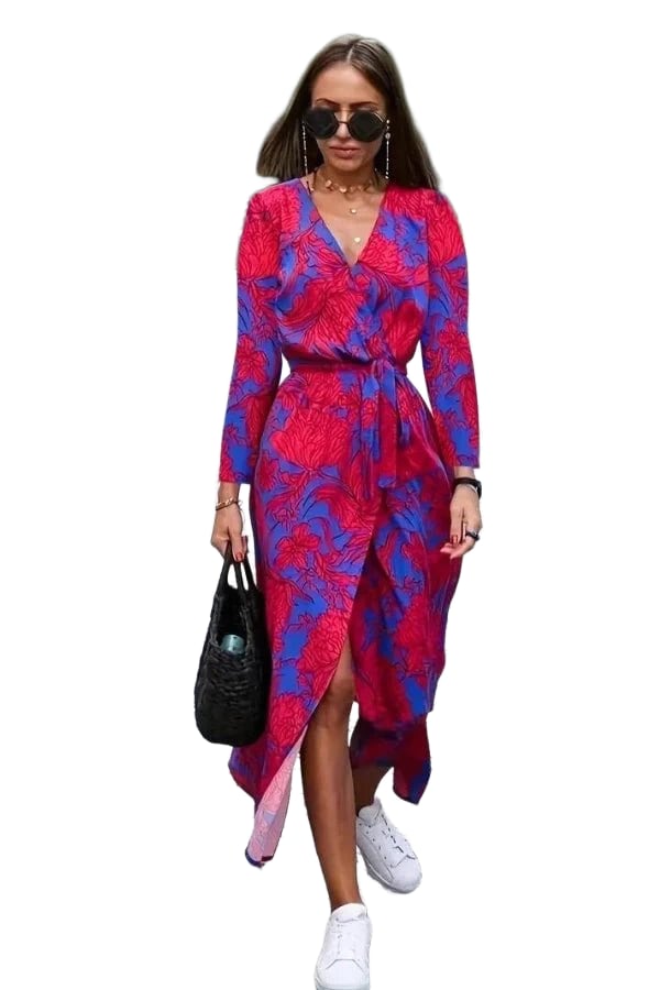 Holiday floral v neck wrap short sleeve midi dress