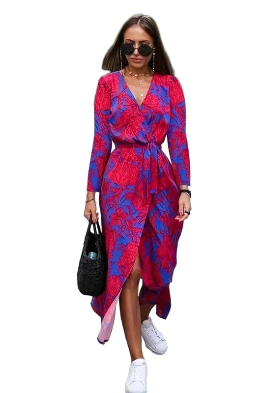 Holiday floral v neck wrap short sleeve midi dress
