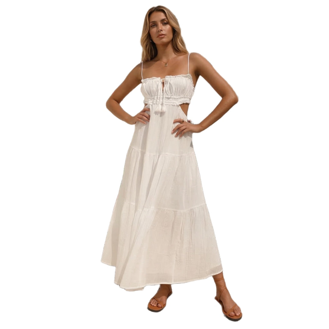 Holiday ruched spaghetti strap tiered maxi dress