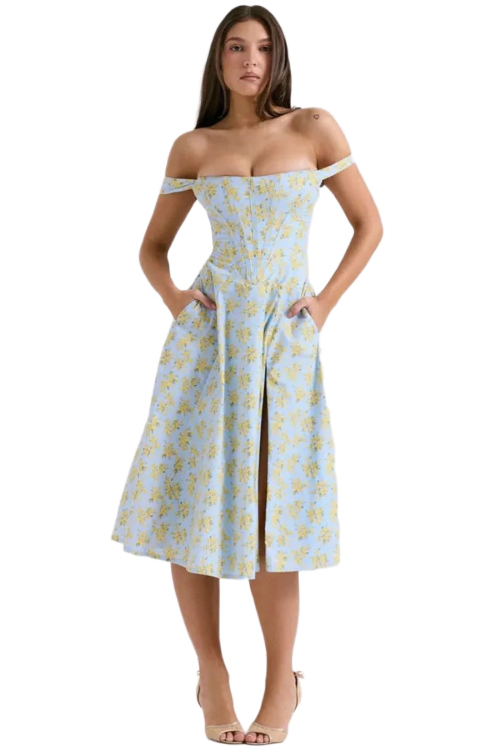 Off shoulder floral midi dress with pockets
