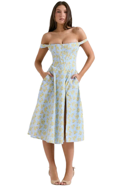Off shoulder floral midi dress with pockets