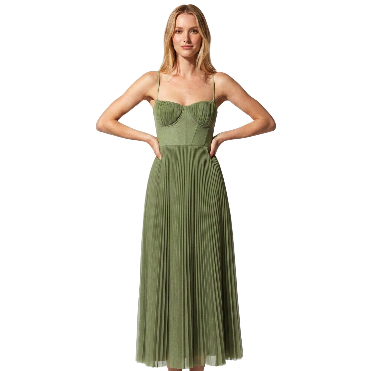 Summer corset spaghetti strap pleated midi dress