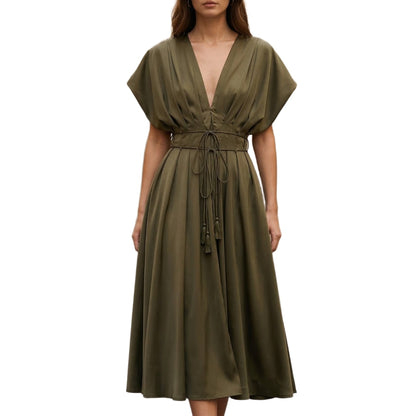 Summer deep v neck tie waist midi dress
