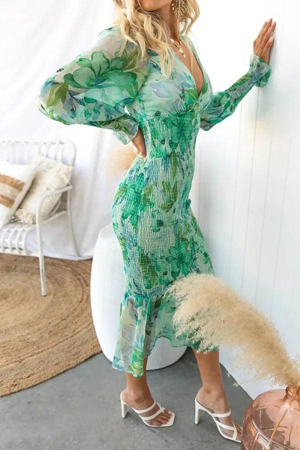 Camellia™ - Floral Ruffle Midi Dress - Bandorial