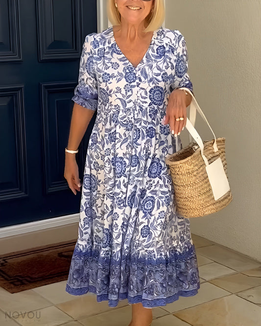 ARIA™ - Elegant Floral Dress with V-Neck - Bandorial
