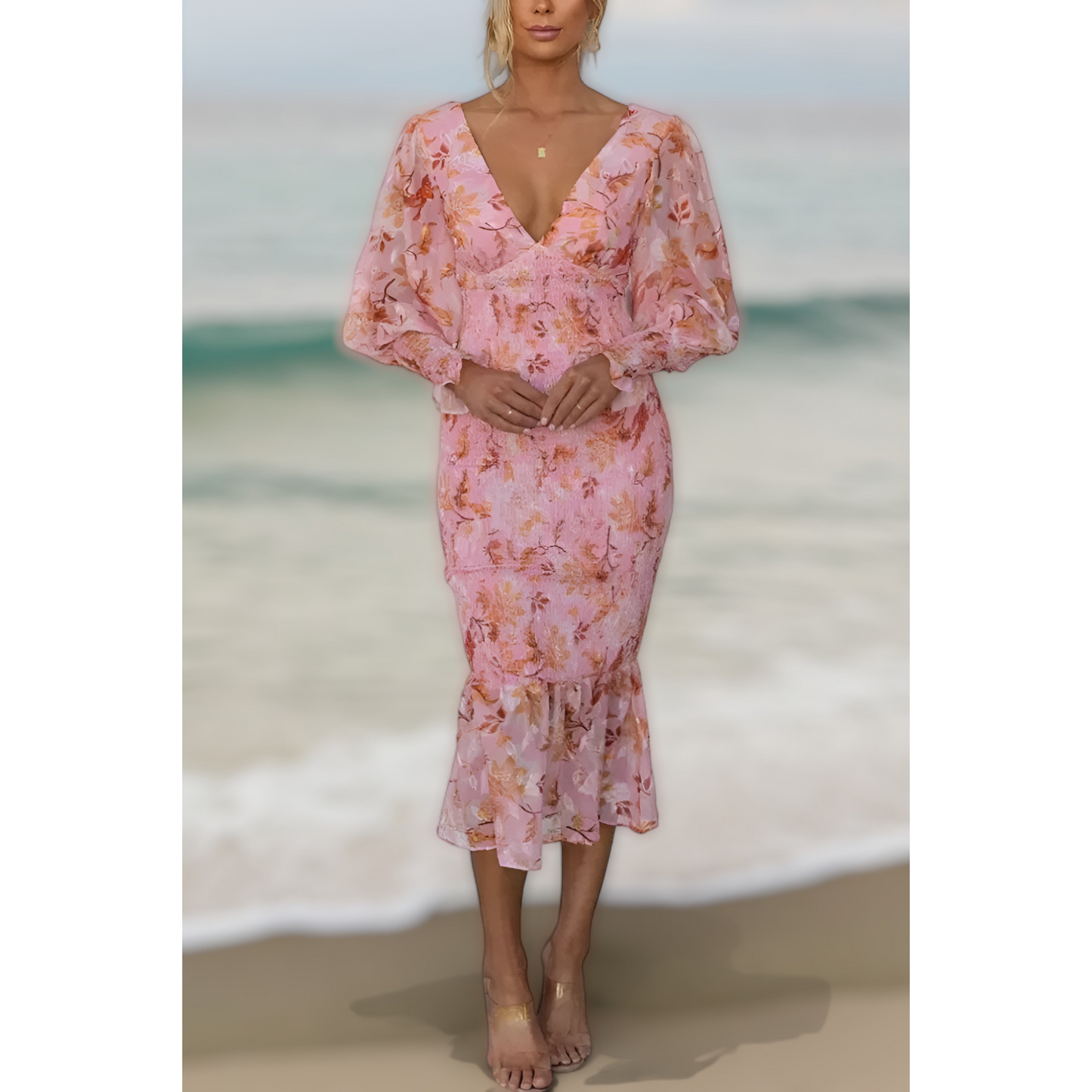 Camellia™ - Floral Ruffle Midi Dress - Bandorial