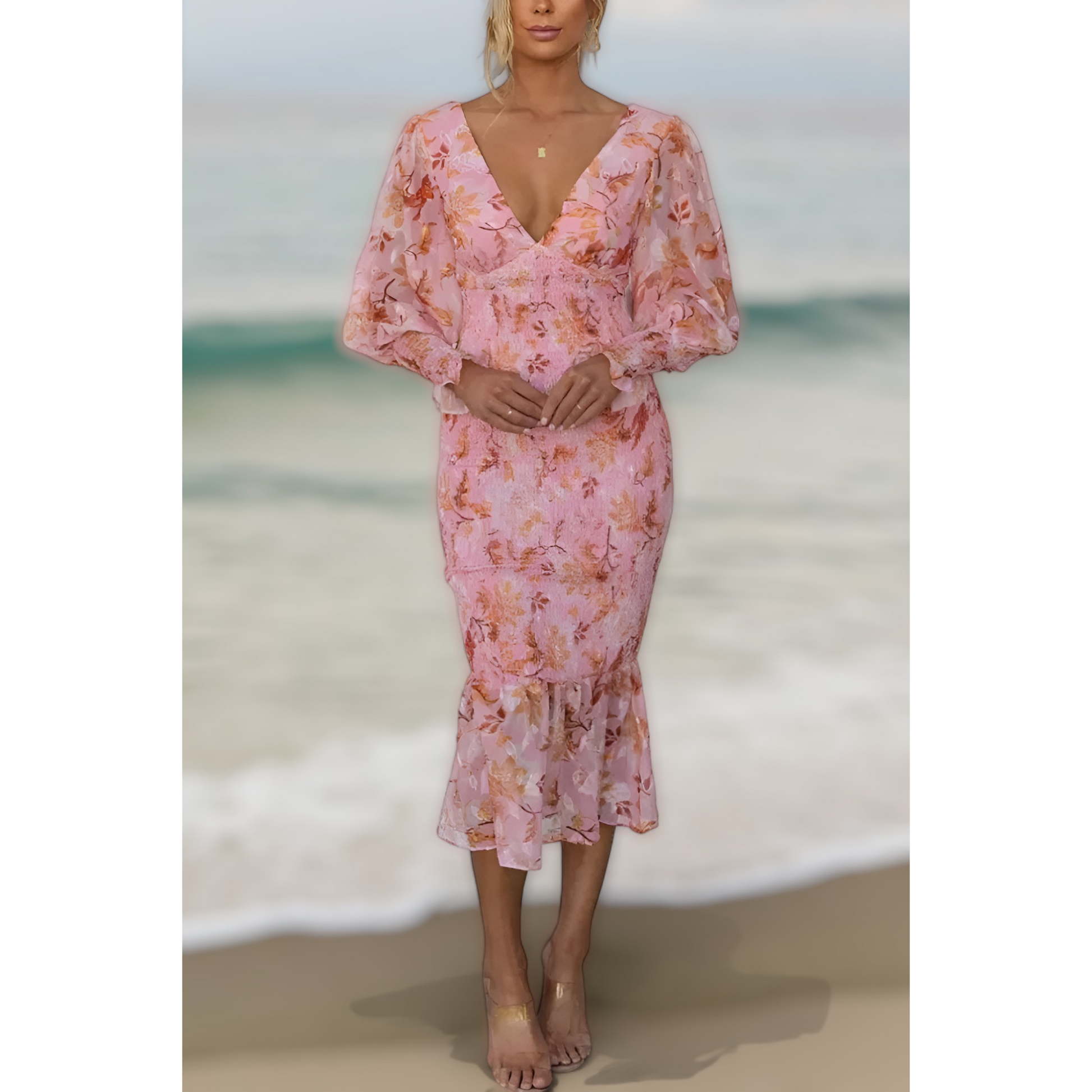 Camellia™ - Floral Ruffle Midi Dress - Bandorial