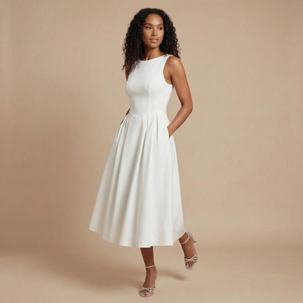 Cream sleeveless boat neck A-line midi dress with side pockets