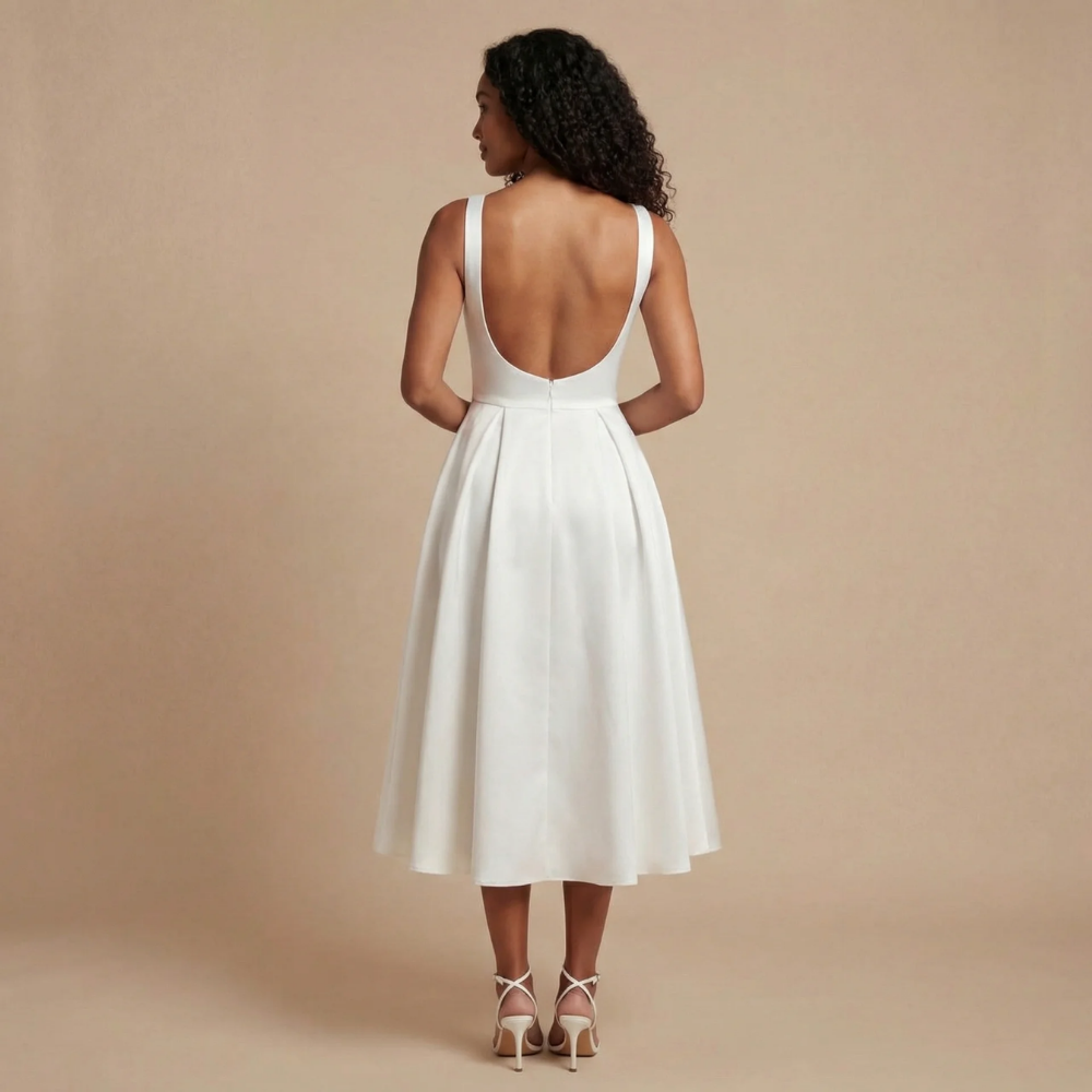 Back view of cream midi dress with open scoop back and full pleated skirt