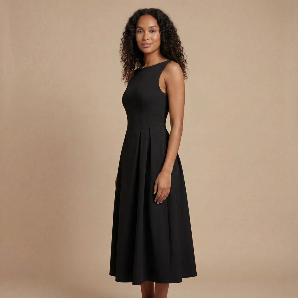 Side view of black midi dress with boat neckline and full A-line skirt