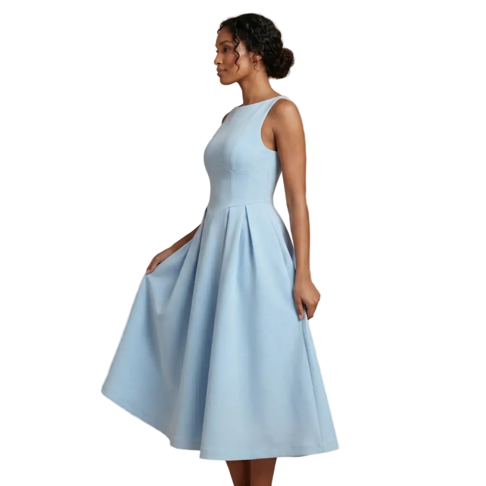 Light blue sleeveless boat neck A-line midi dress with pleated skirt