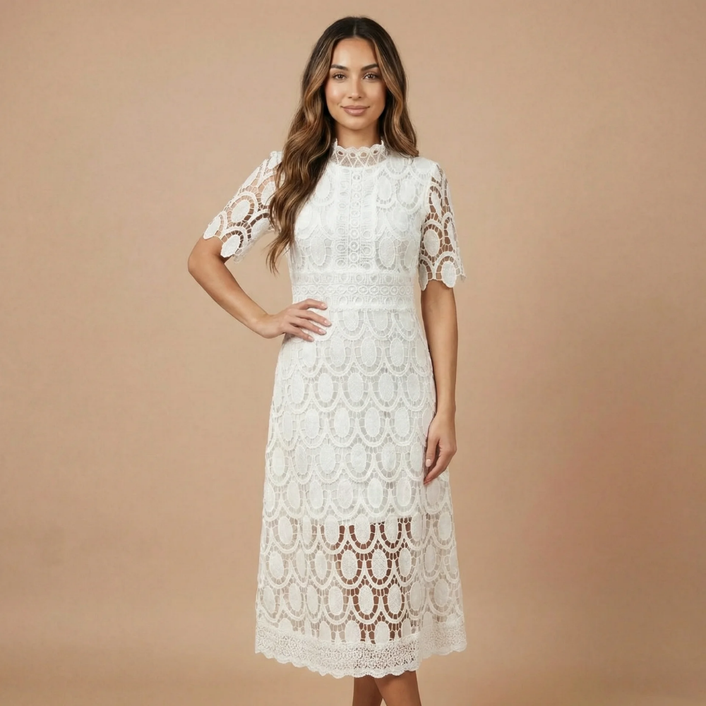 Women's ivory scalloped lace midi dress with high mock neck and tiered lace construction