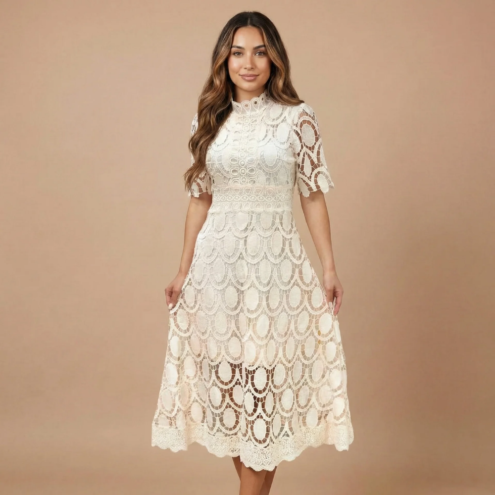 Women's cream scalloped lace cocktail midi dress with fitted waist and mid-calf hemline