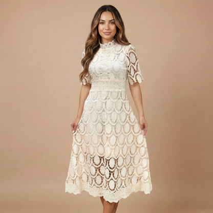 Women's cream scalloped lace cocktail midi dress with fitted waist and mid-calf hemline