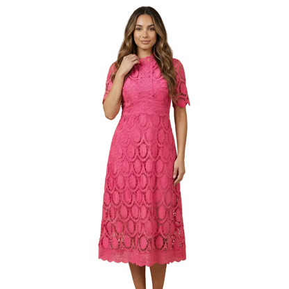Women's hot pink scalloped lace midi dress with mock neckline and short puff sleeves