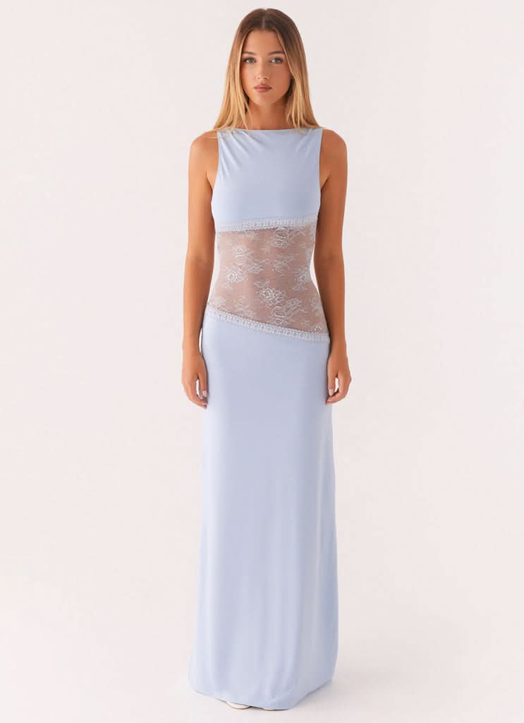 Light blue sleeveless maxi dress with sheer lace waist insert
