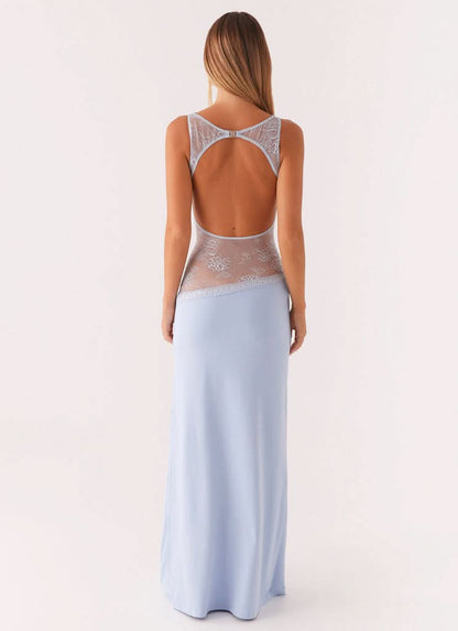 Light blue maxi dress with open back and lace waist panel detail