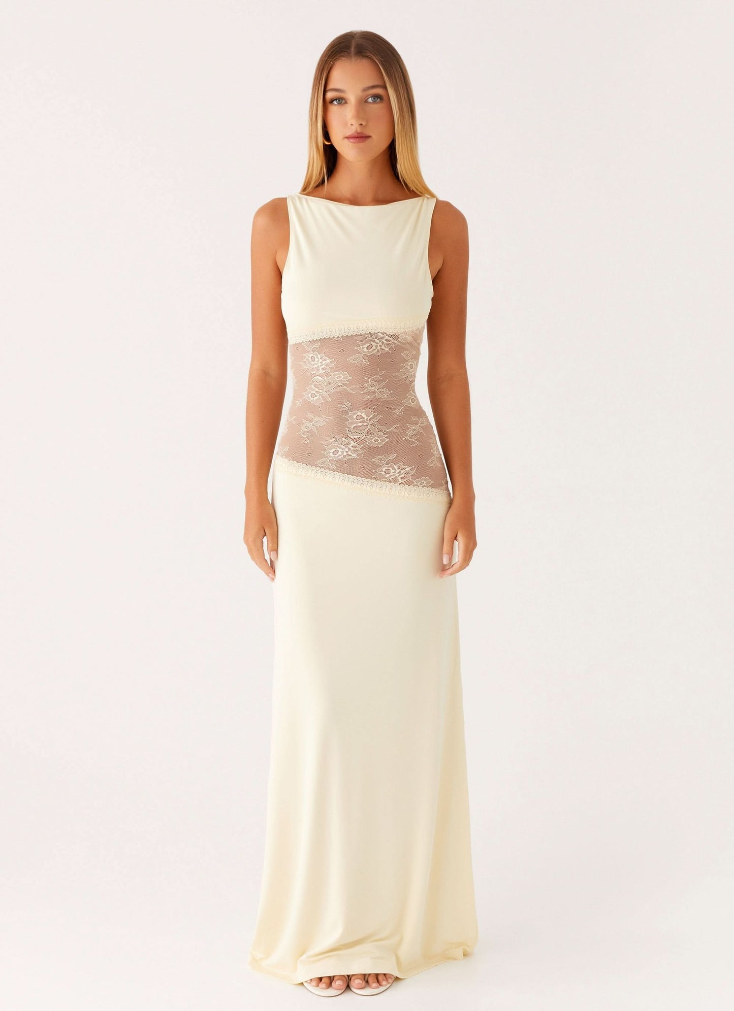 Cream sleeveless maxi dress with beige lace waist panel insert