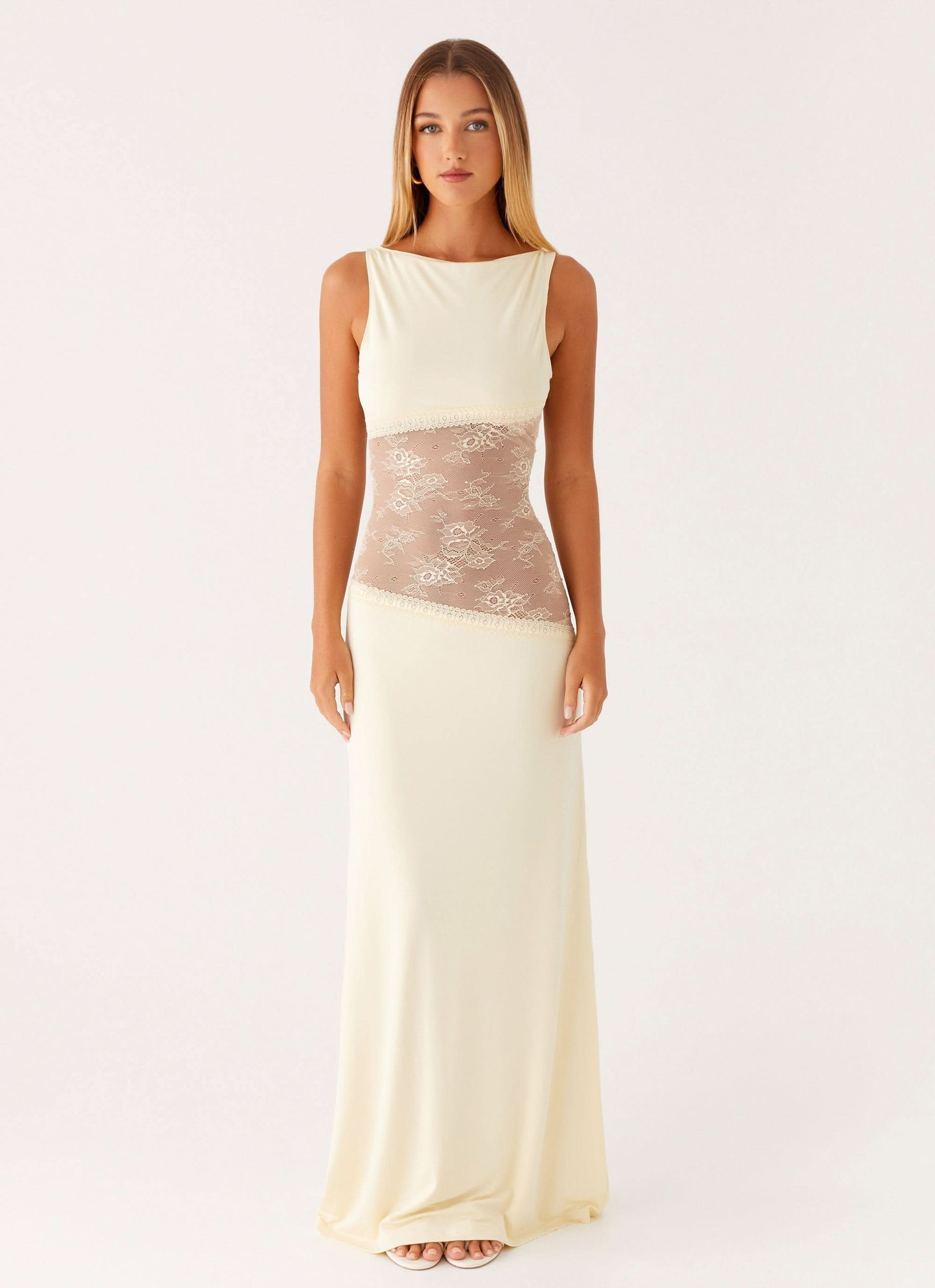 Cream sleeveless maxi dress with beige lace waist panel insert