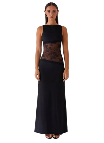 Black sleeveless maxi dress with sheer lace waist panel and open back