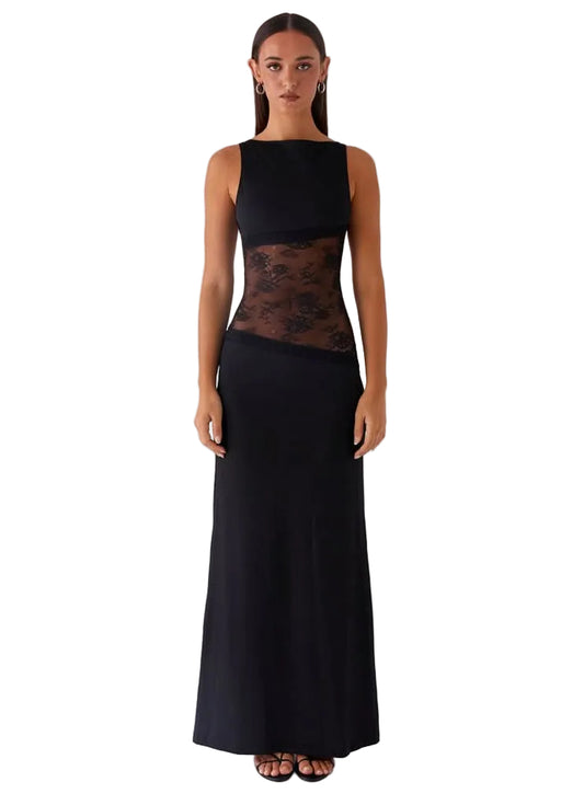 Black sleeveless maxi dress with sheer lace waist panel and open back