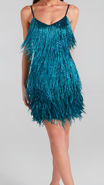 Teal sequin fringe v-neck mini dress with ombre tassel details