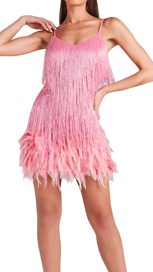 Pink sequin fringe v-neck mini dress with layered tassel hem
