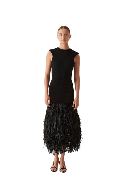 Women's black sleeveless midi dress with crew neckline and layered fringe skirt