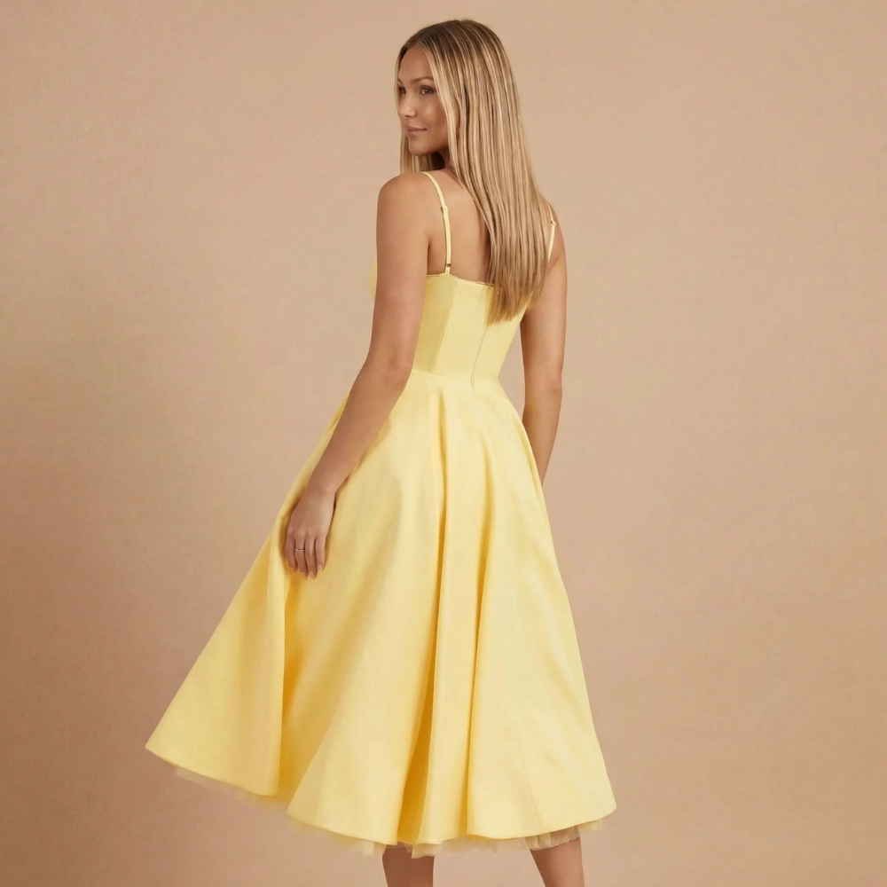 Side view of pale yellow A-line midi dress with spaghetti straps