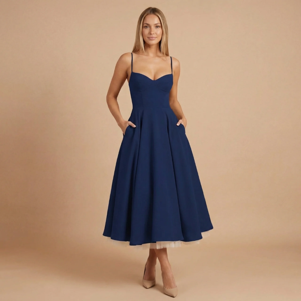 Navy sweetheart neckline A-line midi dress with thin straps and side pockets