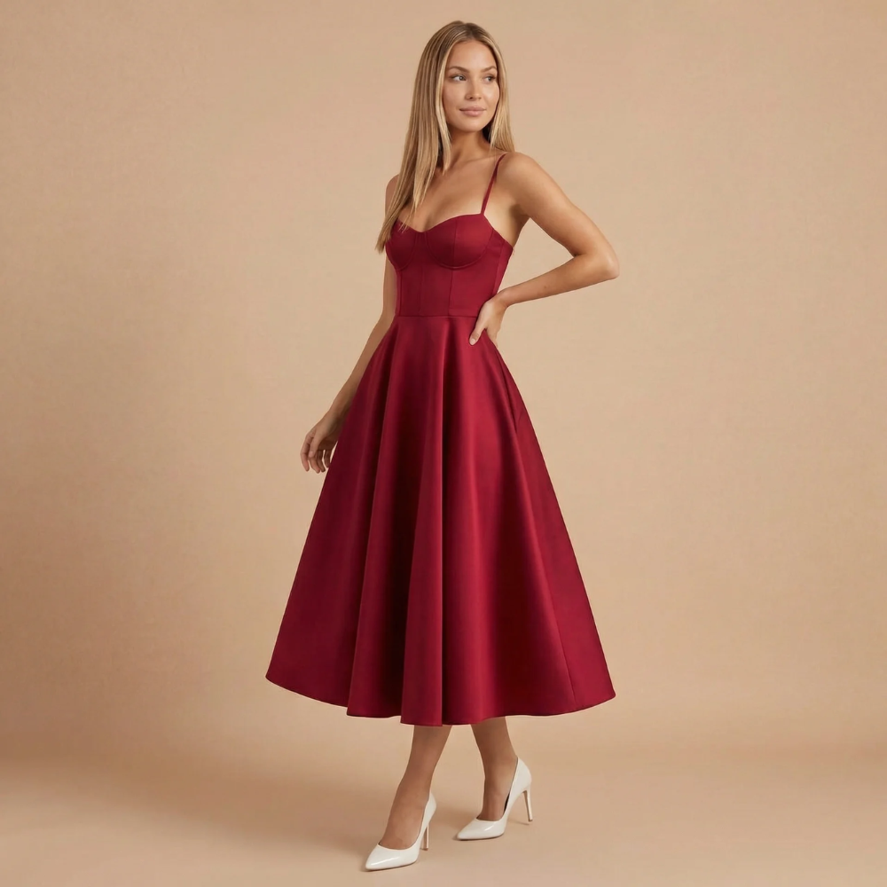 Burgundy sweetheart neckline A-line midi dress with full skirt