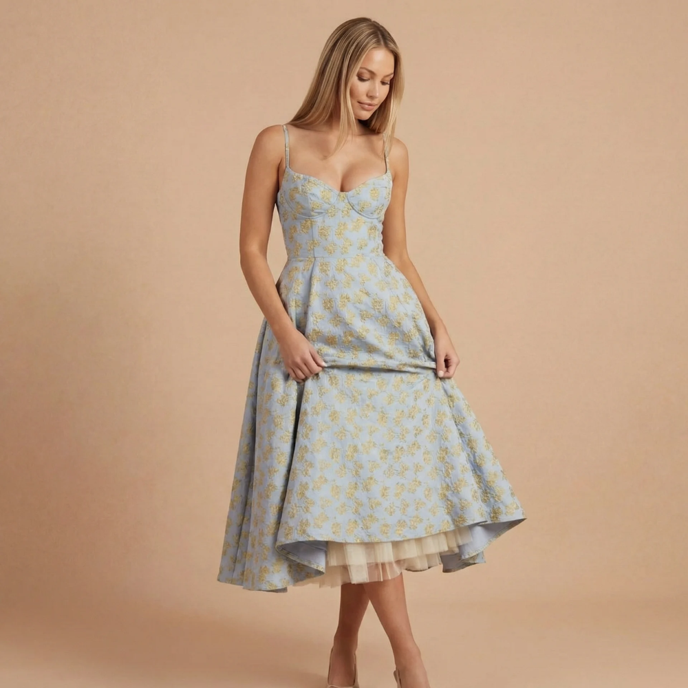 Blue and yellow floral sweetheart midi dress with pleated skirt