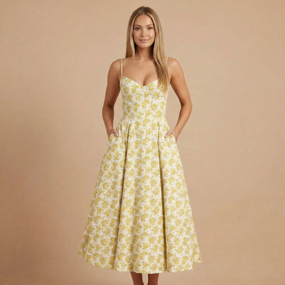 Cream yellow floral print sweetheart A-line midi dress with pockets